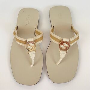 Gucci Logo Leather Sandals - Cream / Ivory & Gold Straps - Size 37 / 6.5